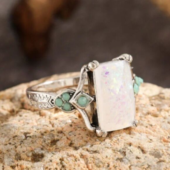 Rectangle White Lab Opal Antique Silvery Rings - Picture 2 of 12